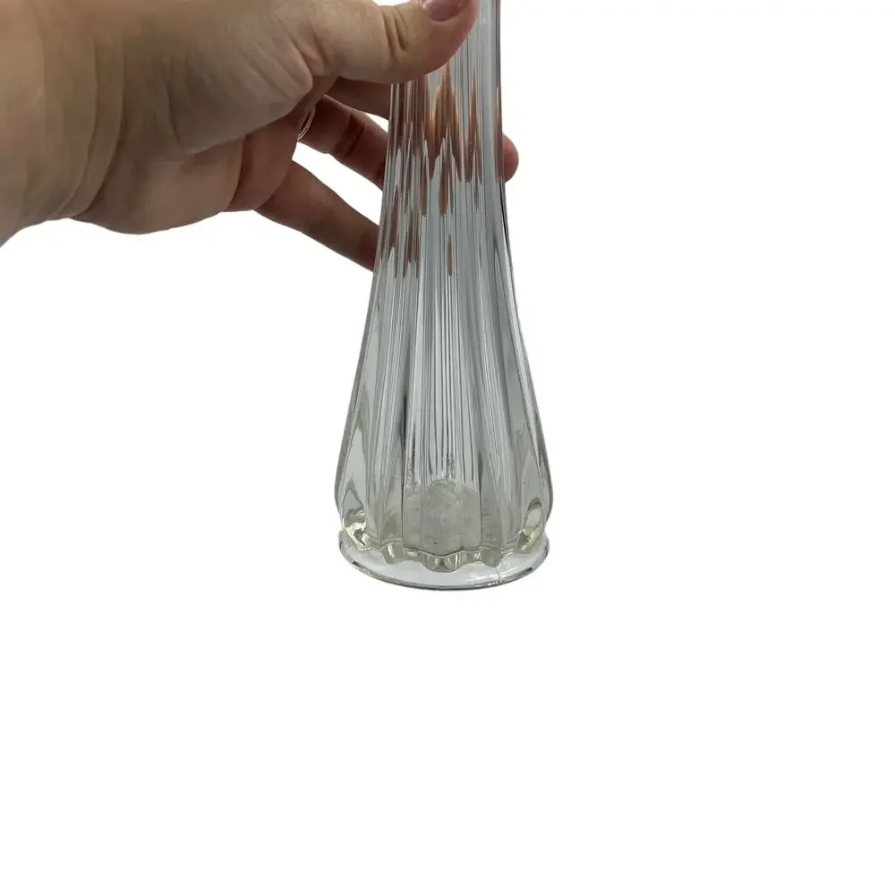 Vintage‎ Clear Glass Swung Stretch Vase Ribbed Ruffled Tear Drop Top MidCentury